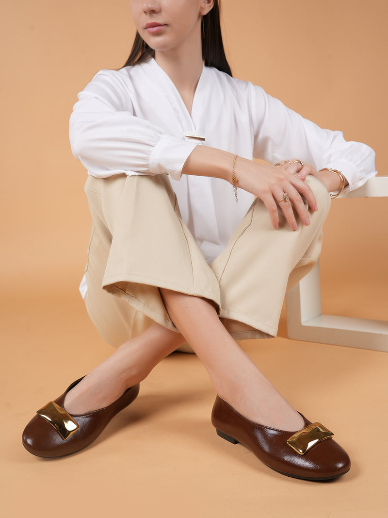 Brown Flat Heel Ballet Pumps with Gold Accent
