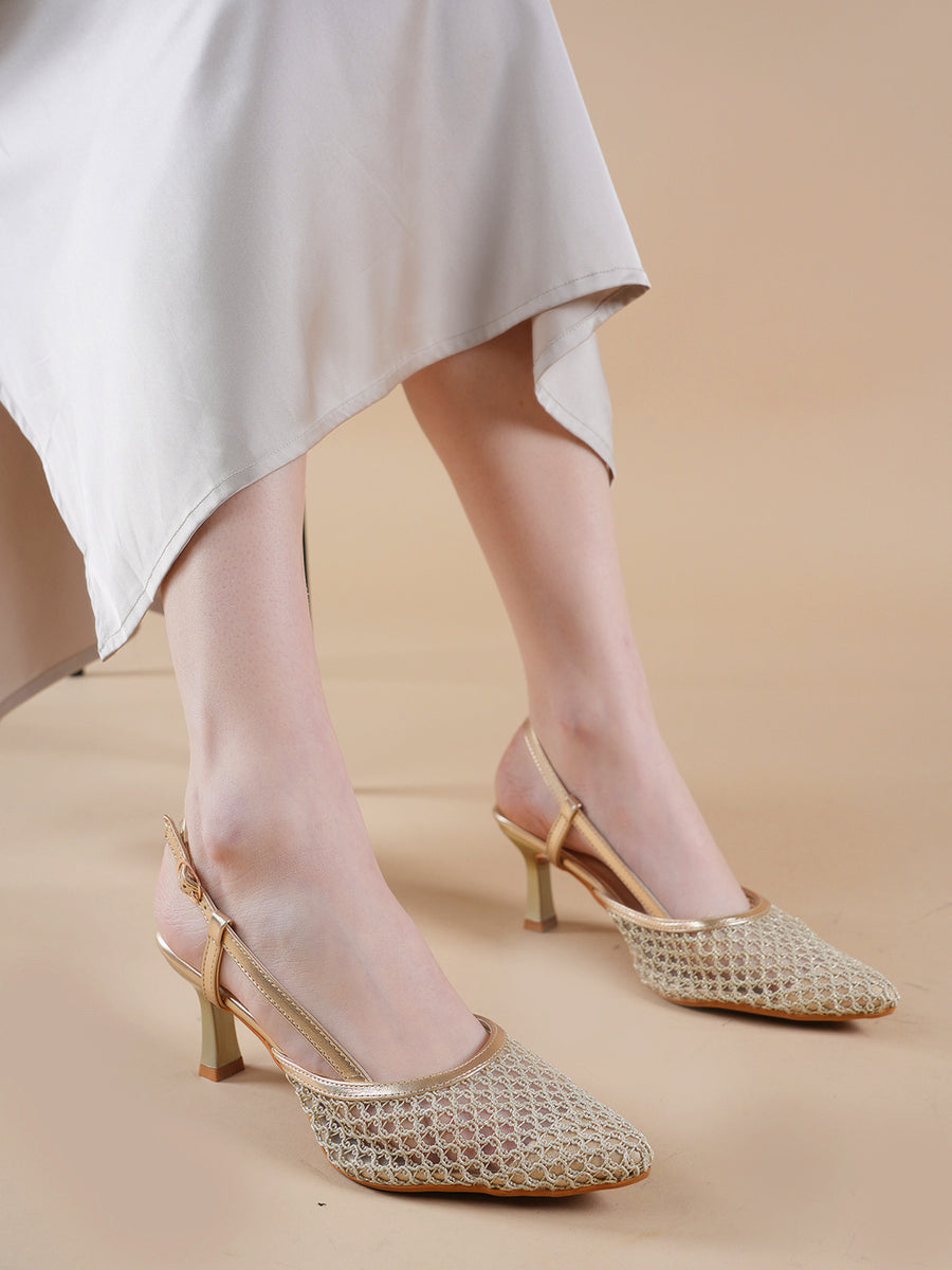 Women’s Mesh Slingback Block Heel Sandals Gold