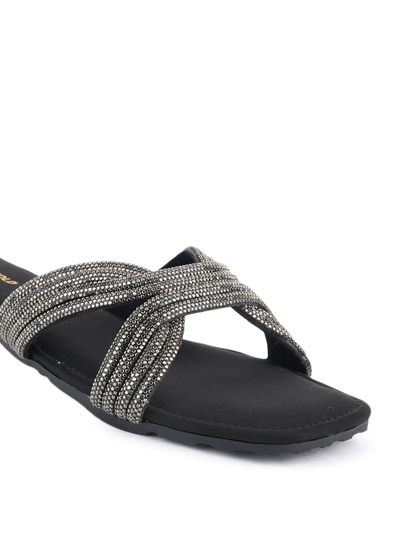 Women's Rhinestone Cross Strap Flat Slide Sandals