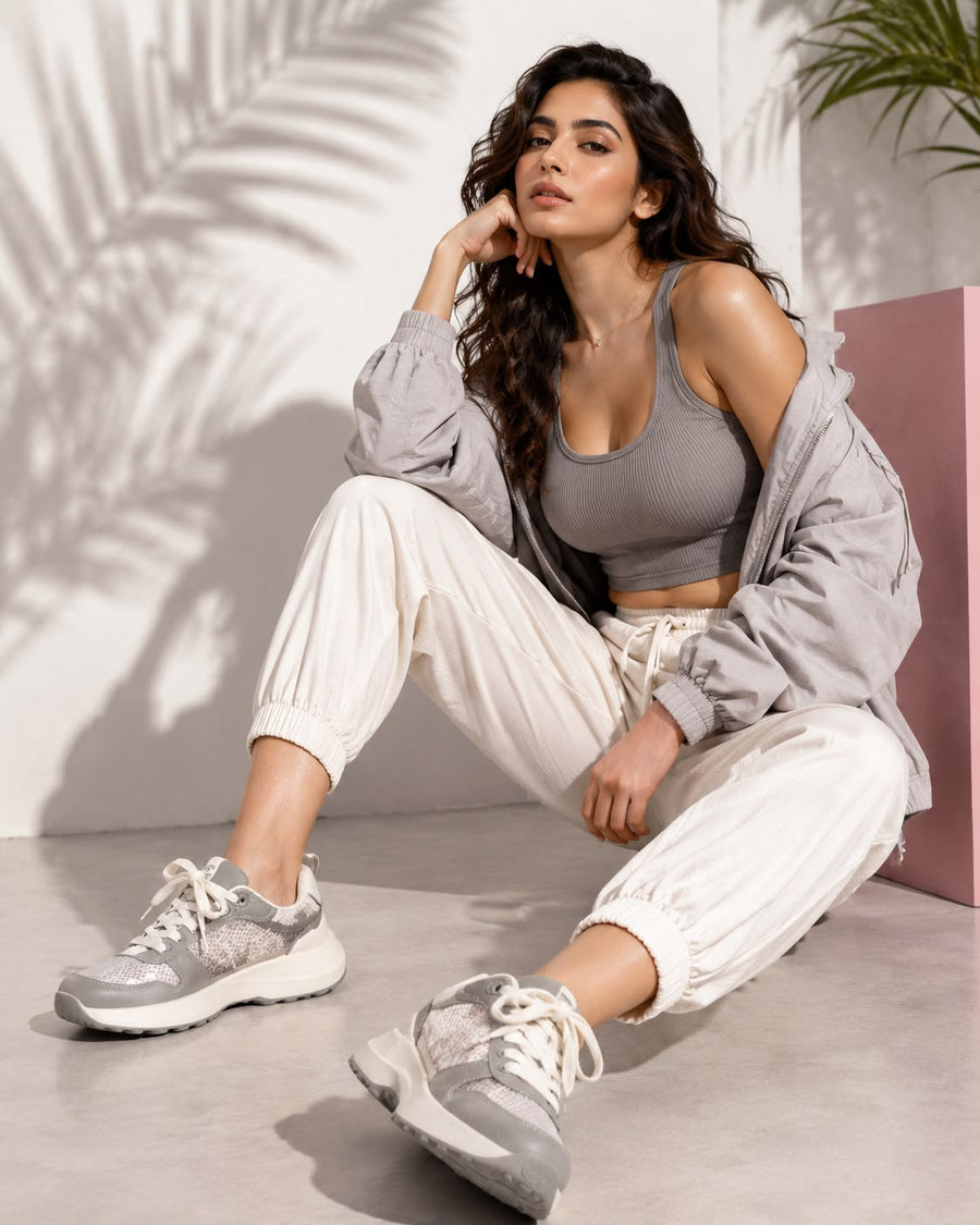 Women's Grey Glitter Casual Sneakers | Lightweight Lace-Up Walking Shoes