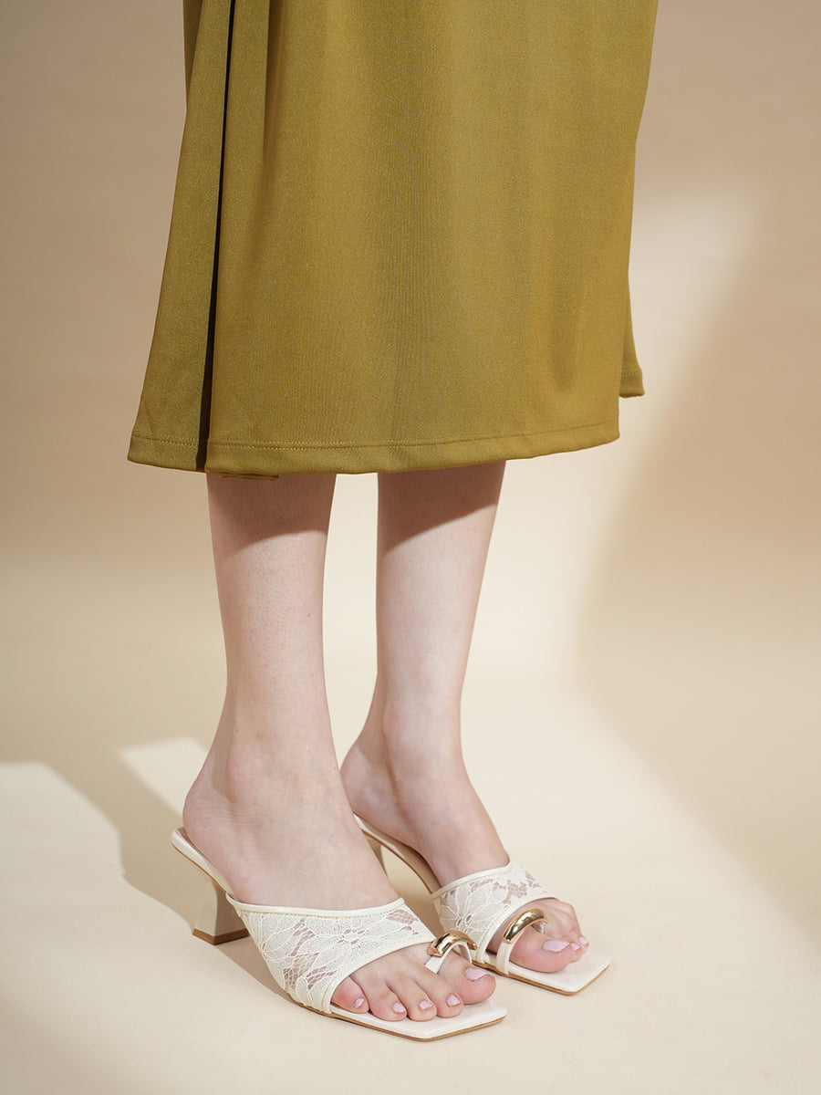 Women Lace Block Heel Open Toe Mules
