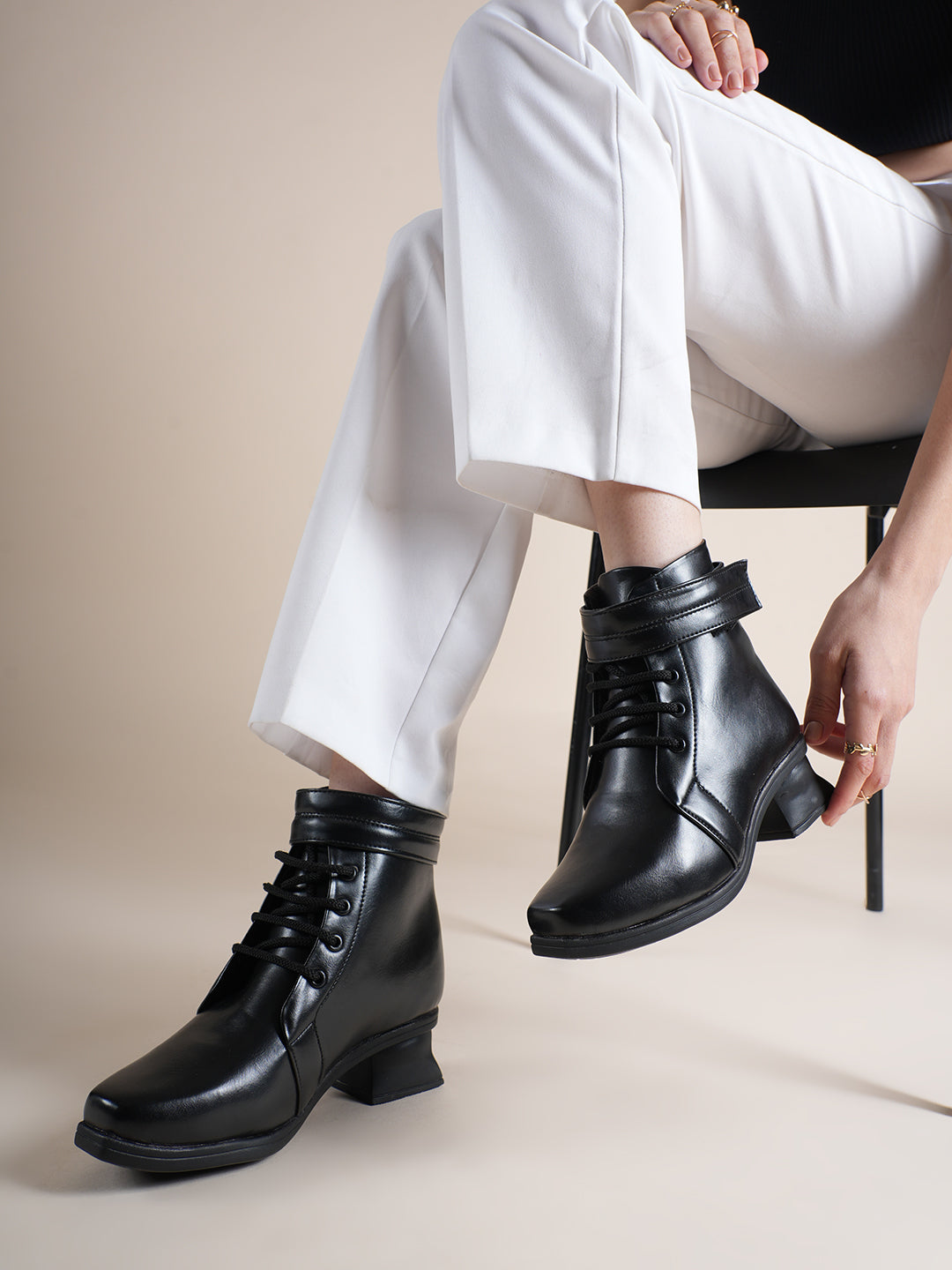 Drop Bold Black Lace-Up Ankle Boots with Block Heels