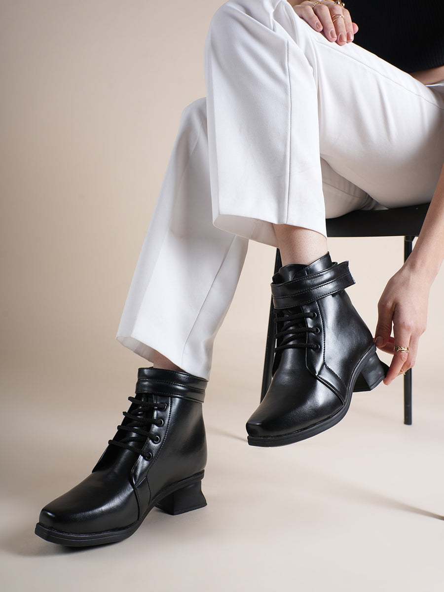 Drop Bold Black Lace-Up Ankle Boots with Block Heels