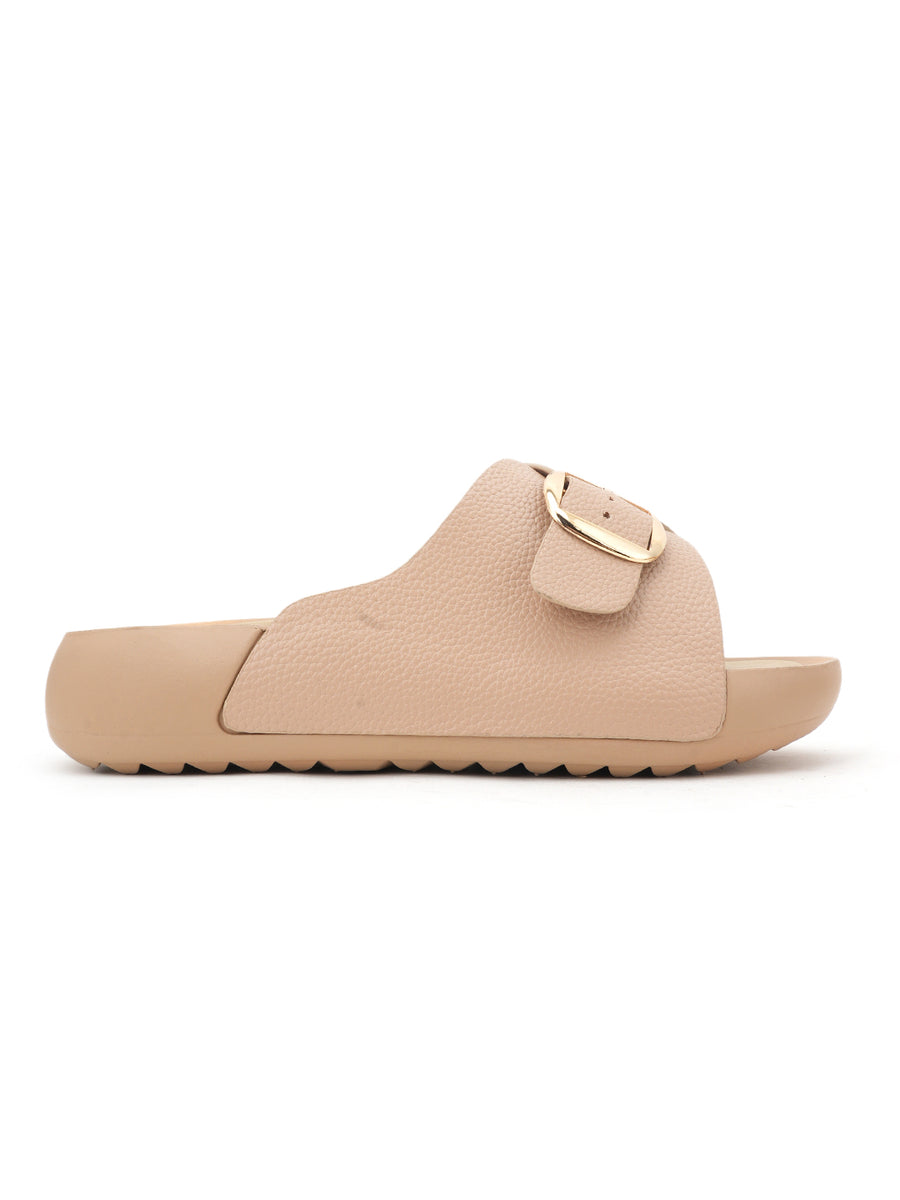 Women Brown Buckle Detail Comfort Platform Slide Sandals
