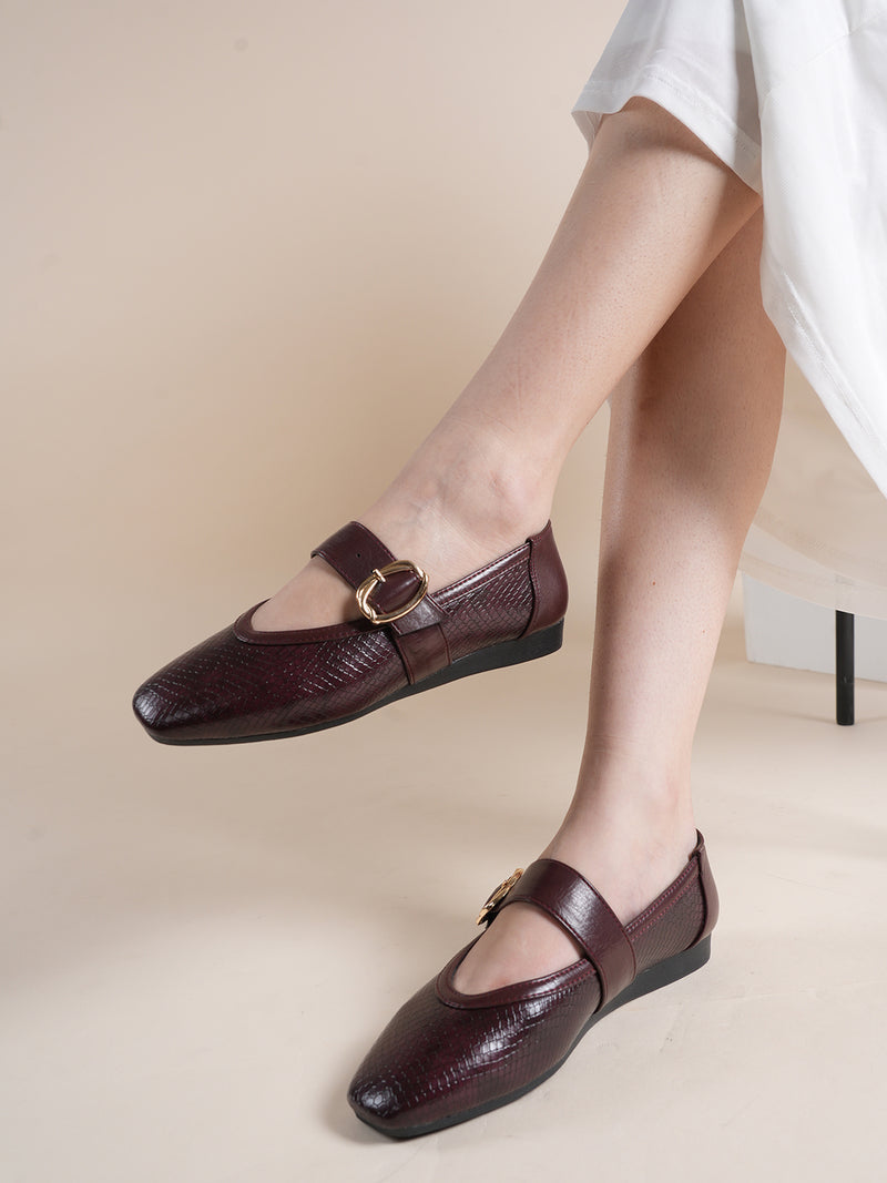 Women’s Maroon Low Heel Buckle Slip-On Shoes