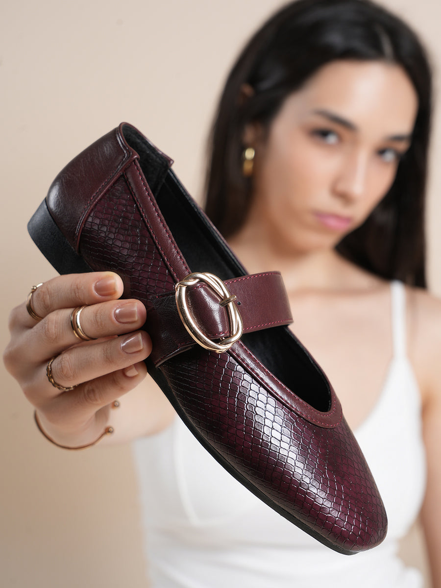 Women’s Maroon Low Heel Buckle Slip-On Shoes