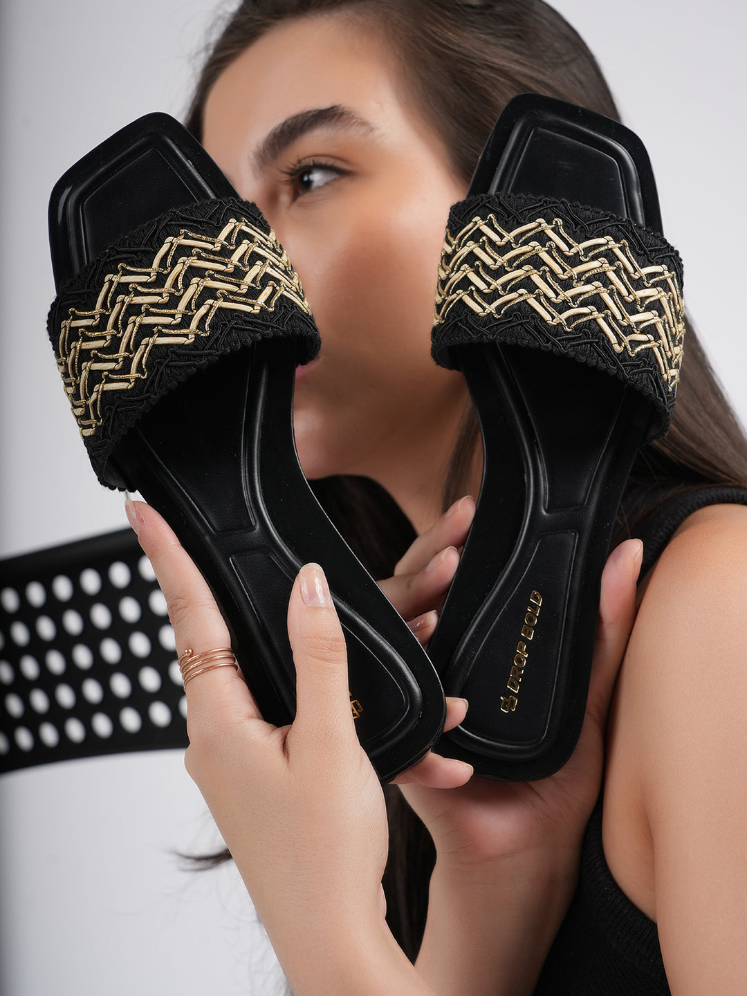 Black Woven Flat Slides Open Toe Sandals