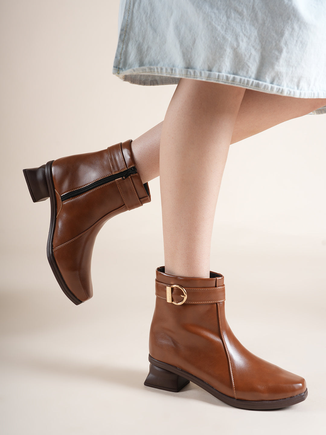 Women Tan Buckle Strap Low Block Heel Ankle Boots