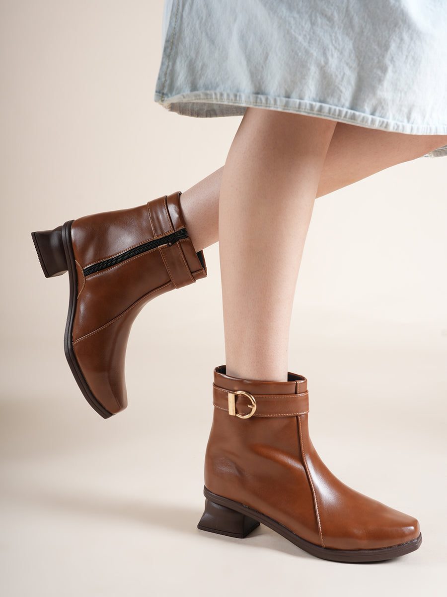Women Tan Buckle Strap Low Block Heel Ankle Boots