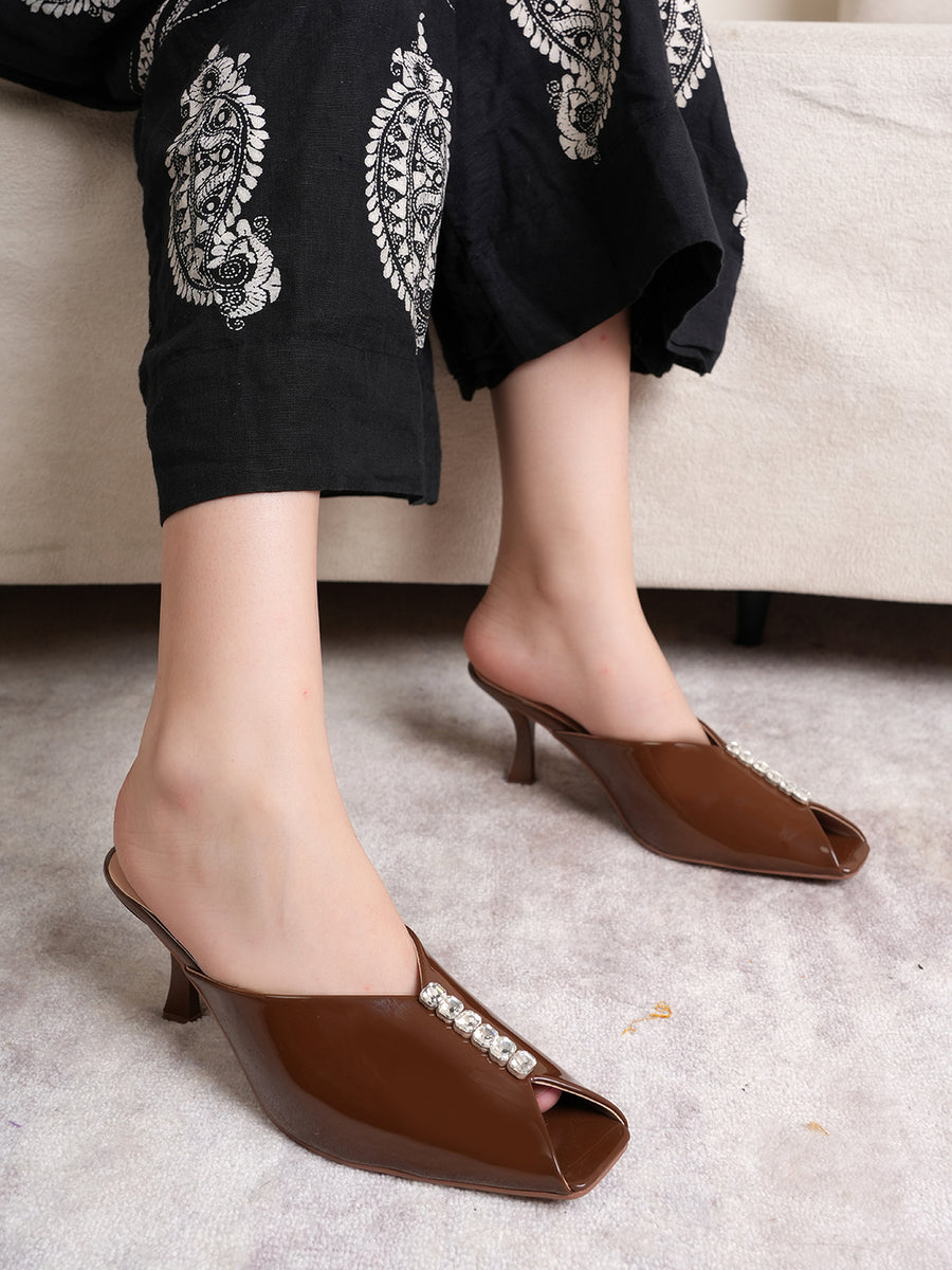 Patent Slip-On Kitten Heel Mules with Crystal Embellishment